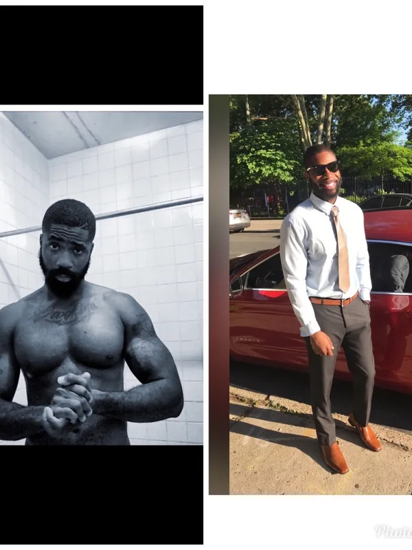 Deux photos d'un homme : une en noir et blanc torse nu dans une salle carrelée, l'autre en couleur habillé devant une voiture rouge.